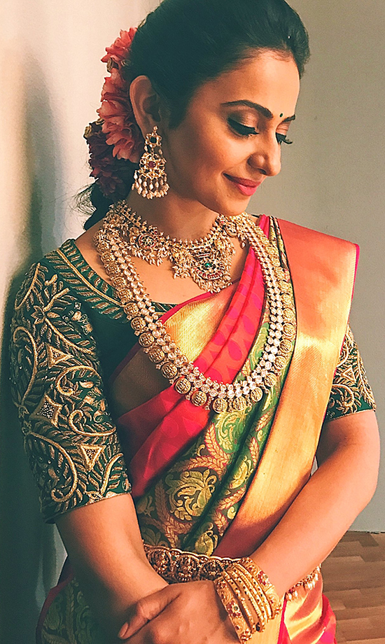 Rakul Preet Beautiful bride in Green and red saree