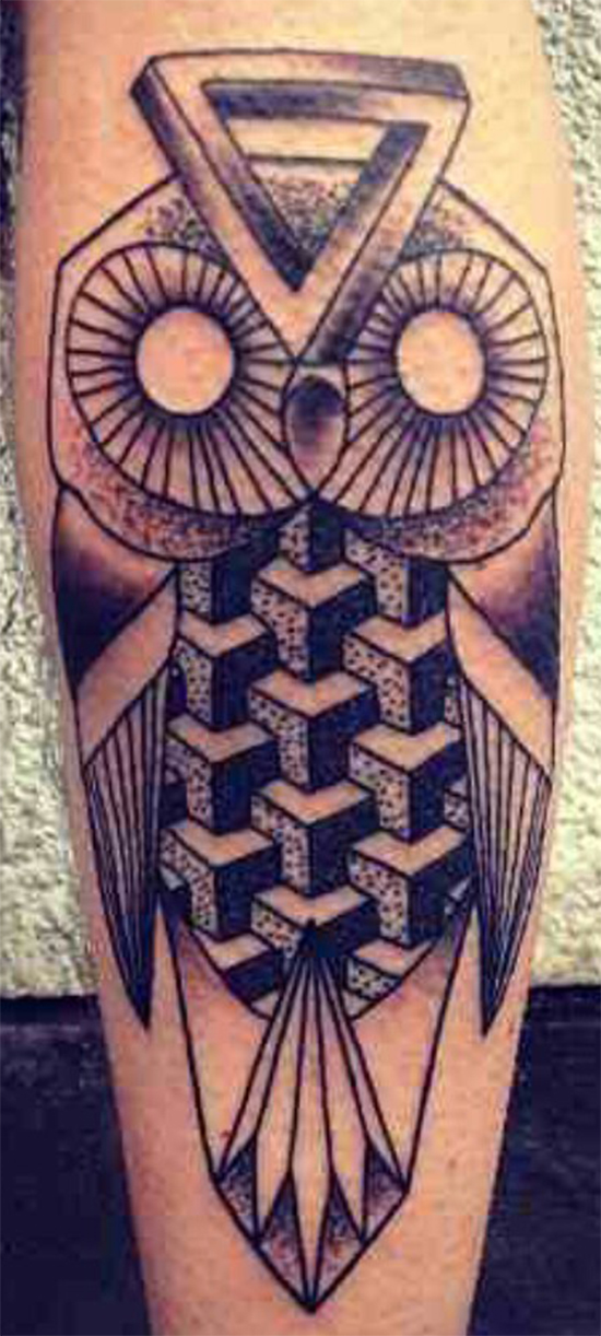 Geometric owl with sugar skull elements tattoo