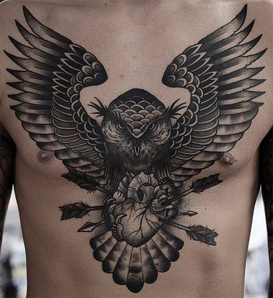 Magnificent owl tattoo on chest