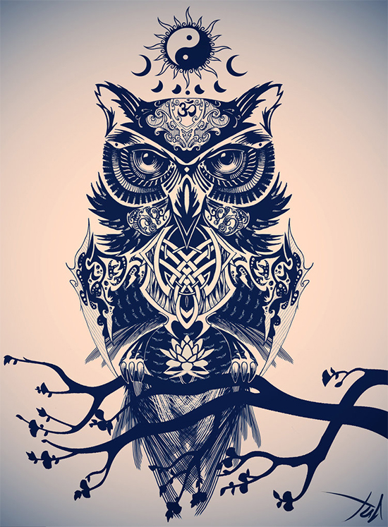 Trippy owl tattoo
