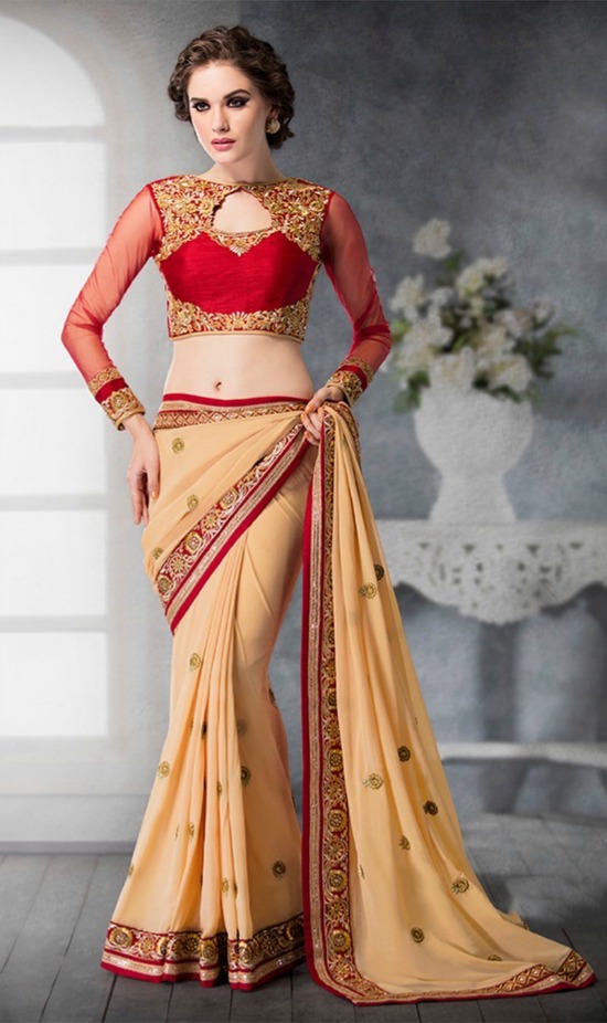 Red & Cream Georgette & Dhupian Silk Saree With Embroidered Full Net Sleeves