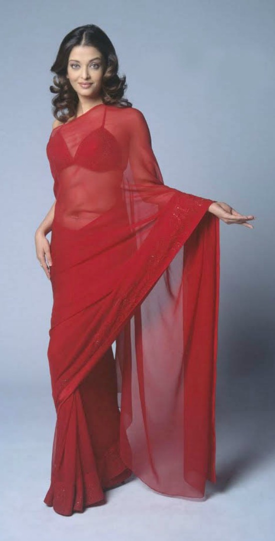 Aishwarya Rai In Plain Red Color Transparent Saree