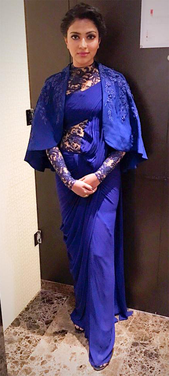 Amala Paul In Blue Color Saree Gown