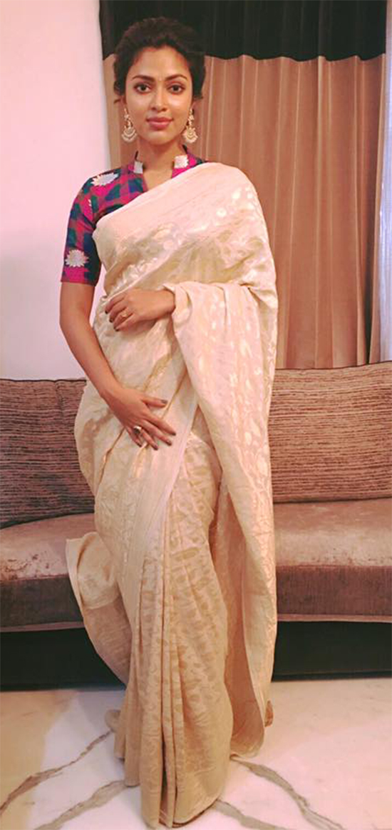 Amala Paul In Pearl White Benaras Saree With Checked Multi Coloured Blouse