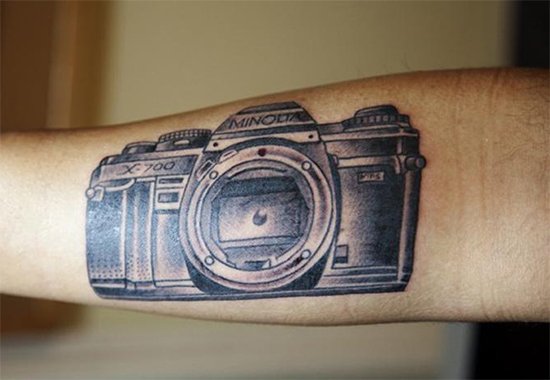 Amazing Shaded Camera Tattoo On Upper Sleeve