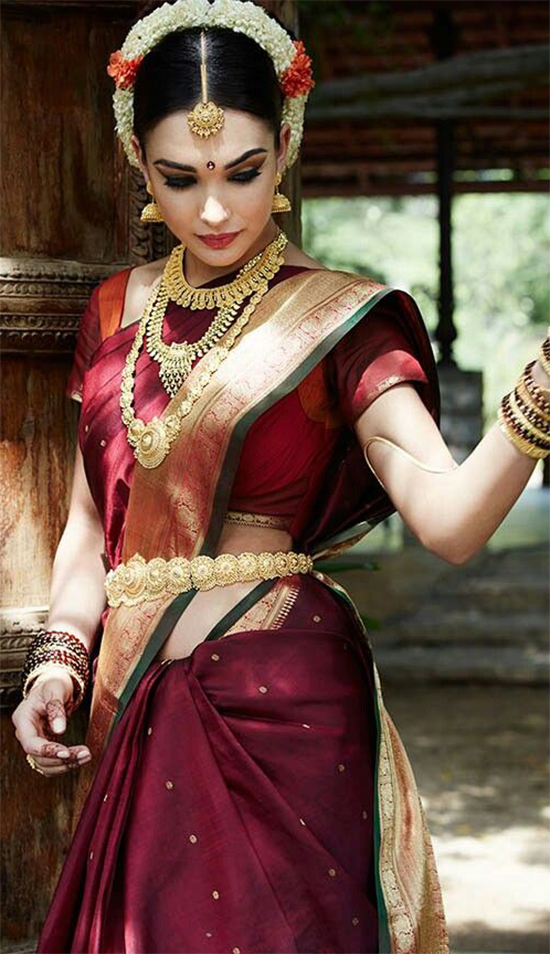 Amy Jackson In Maroon Color Traditional Pattu Saree
