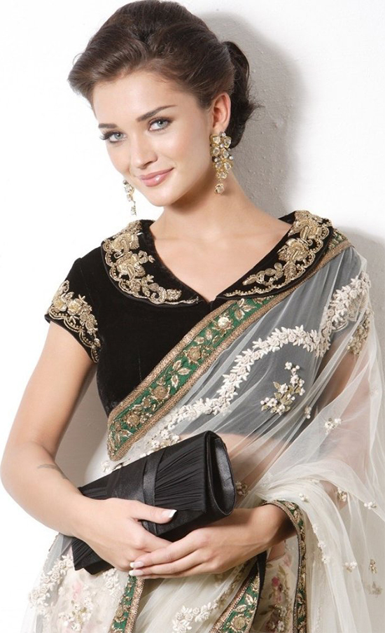 Amy Jackson In White Embroidery Net Saree