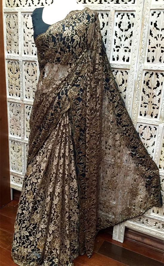 Antique Gold And Black Dual Tone French Chantilly Lace Saree Embellished With Crystal And Beads