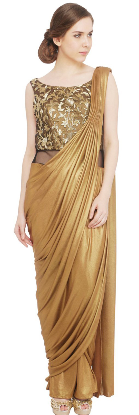 Antique Gold Drape Saree Gown Front