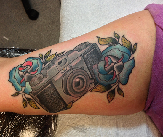 Awesome 3D Flowers Camera Tattoo