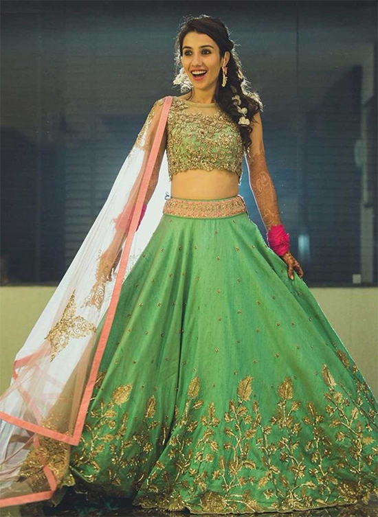 Banglori Silk & Net Party Wear Lehenga Choli In Green Colour With Boat Neck Blouse