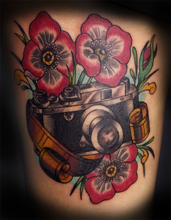 Beautiful Flowered Camera Tattoo
