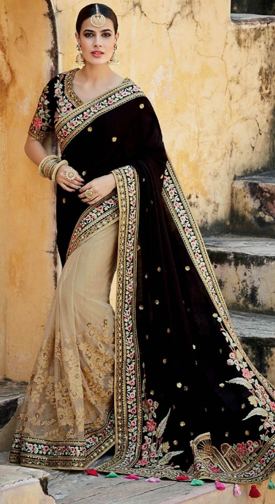 Beige Dark Brown Colour Net Velvet Half & Half Saree With embroidered Work Blouse