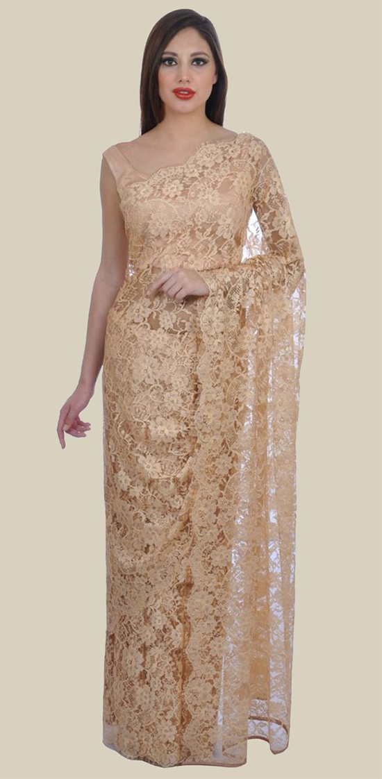 Beige Gold French Chantilly Lace Saree With Satin Crepe Blouse