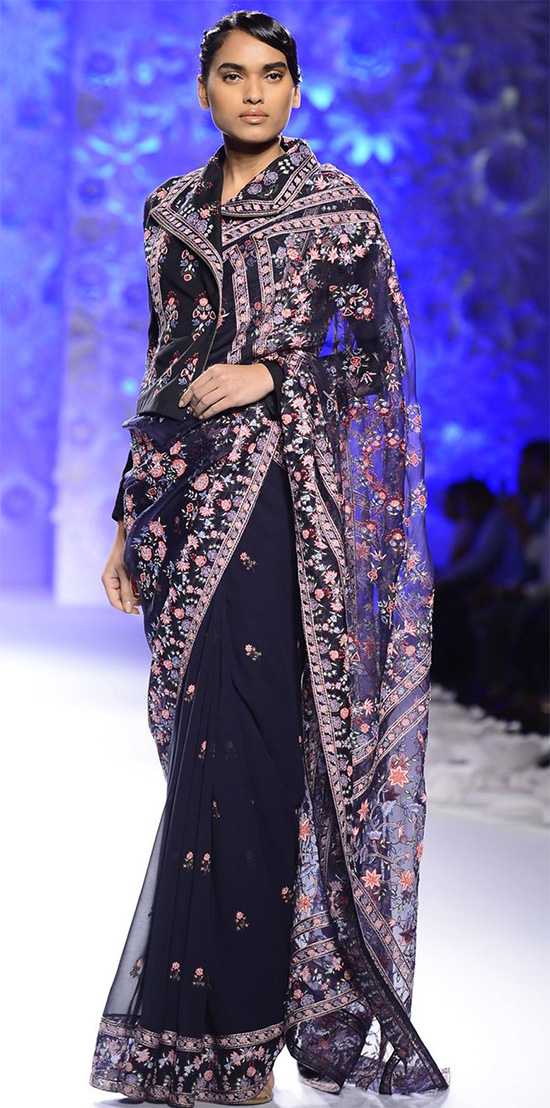Black Floral Bomber Jacket with Navy Floral Hand Embroidered Saree