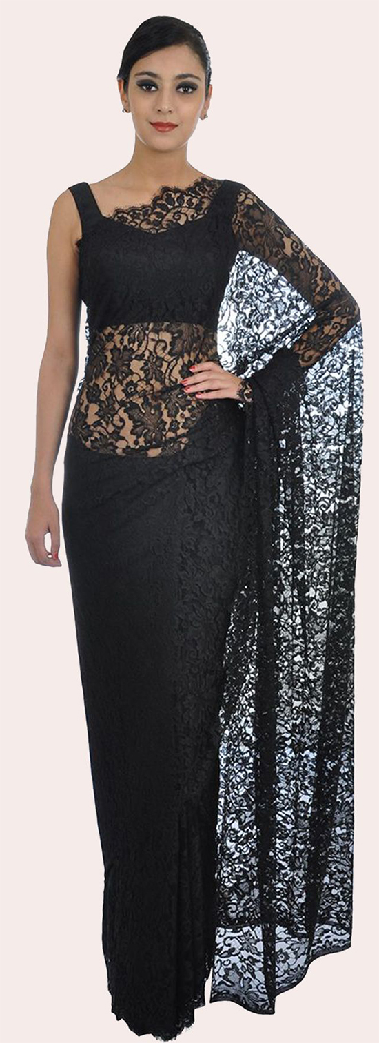 Black French Chantilly Lace Saree With Crepe Tissue Blouse
