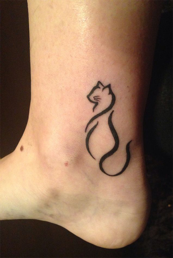 Black Outline Cat Tattoo On Ankle