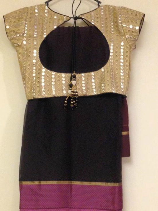 Black Saree With Gold Back String Blouse