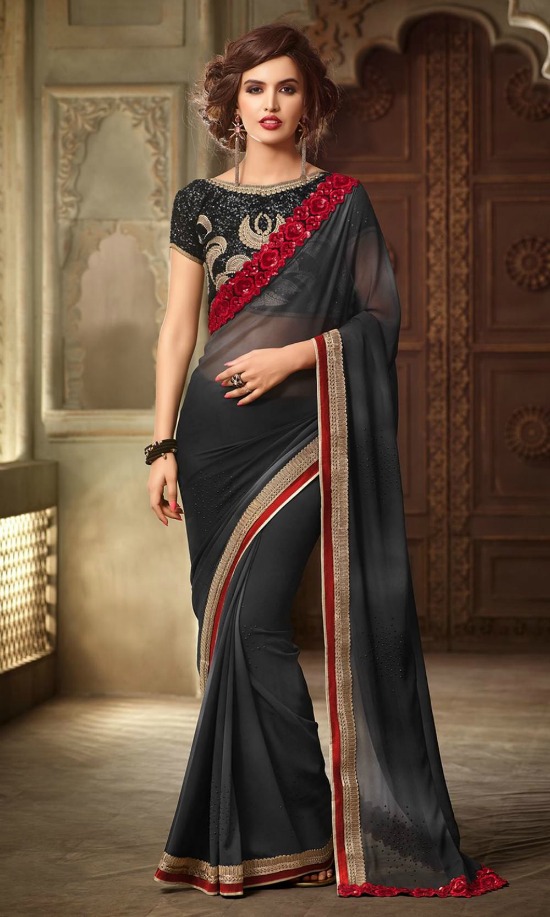 Black colour Georgette Fabric Heavy Embroidered Blouse Party Wear Saree