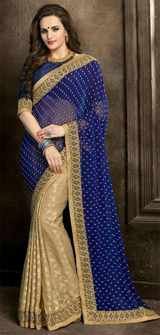 Blue Cream Colour Designer Georgette Jacquard Fabric Saree With Embroidery