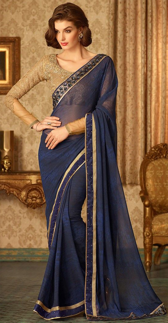 Blue Georgette Fancy Saree Embellished With Crystal Stones & Lace Work