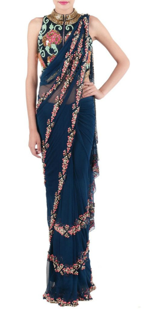 Blue Net Aztec Saree Embellished With Gold Beads, Metal Tubes And Sequins