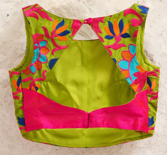 Blue Padded Silk Blouse with Bright Floral Embroidery And Fuschia Raw Silk With Inverted V Window