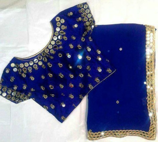 Blue Saree With Mirror Patch Border And Blue Blouse