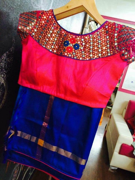 Blue Semi Pattu Saree With Pink Simple Mirror And Embroidery Work Blouse
