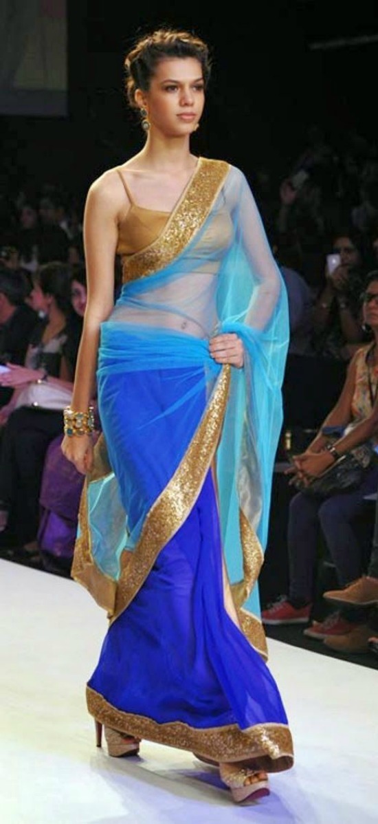 Blue Transparent Saree With Golden Borders And Golden Blouse