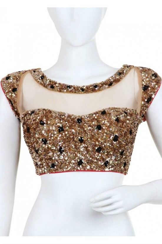 Boat Neck Blouse Made With Net Featuring Beading Golden Black Sequins With Dori