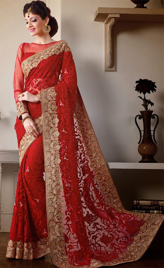 Bridal Red Net Wedding Saree With Embroidery All Over & Sheer Blouse