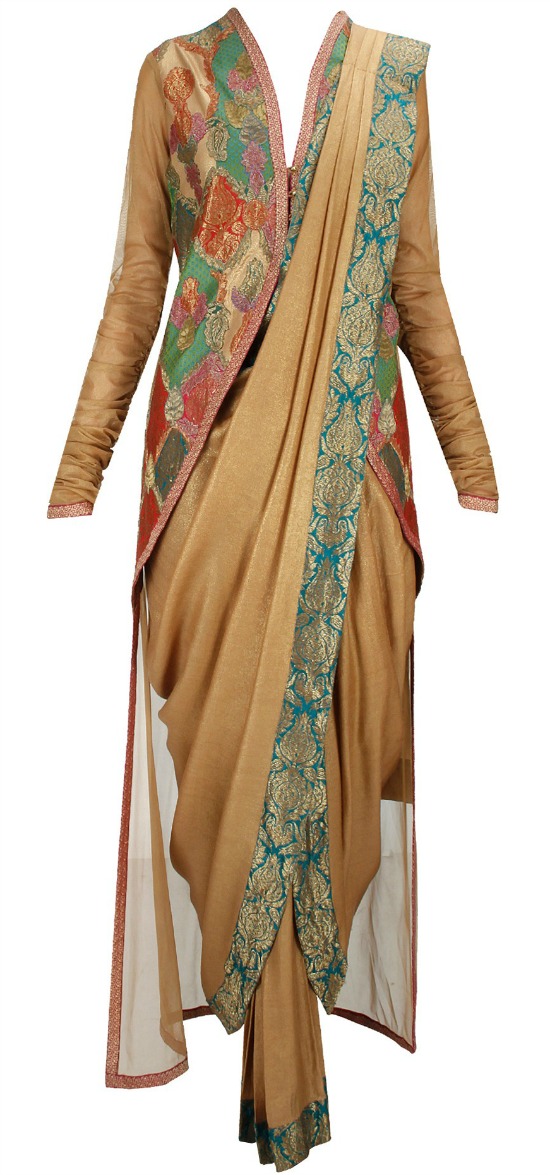Burnished Gold Ghoti Sari With Churidaar & Applique High-Low Blouse