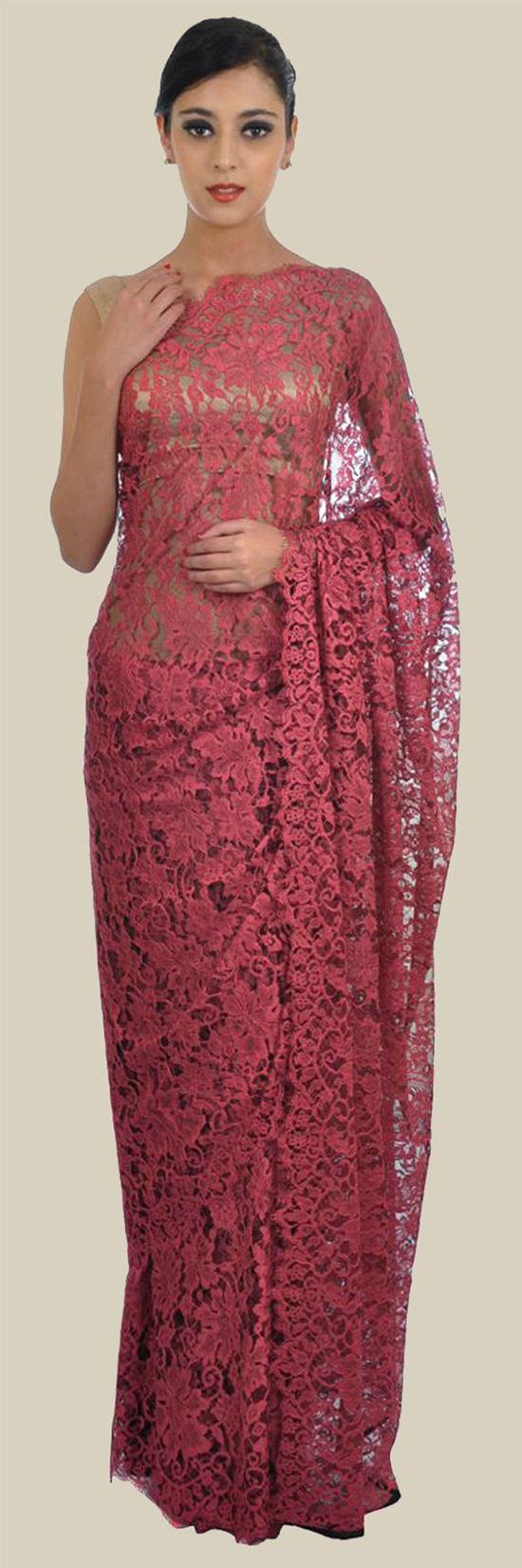 Cherry Red French Chantilly Lace Saree With Crepe Tissue Blouse