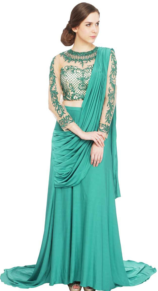 Combination Of Beige And Vibrant Teal Green Gown Saree