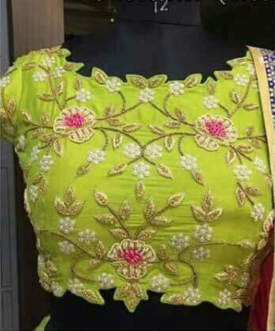 Cut Work Green blouse With Pearl Embroidery