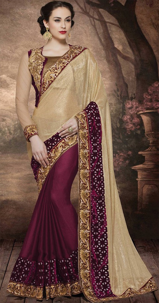 Deep Maroon And Gold Party Wear Saree With Jacket Model Blouse
