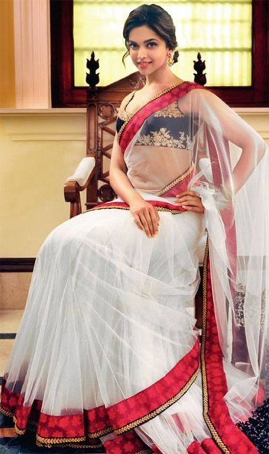 Deepika Padukone In White Plain Net Saree
