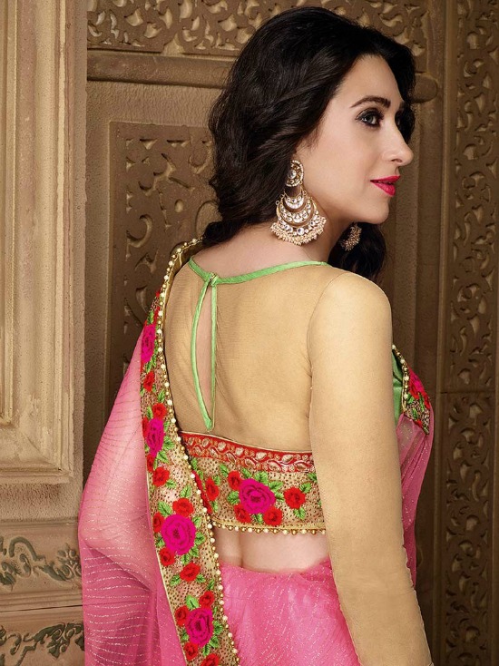 Designer Party Wear Saree Blouse Designs In Pink With Beige Colour