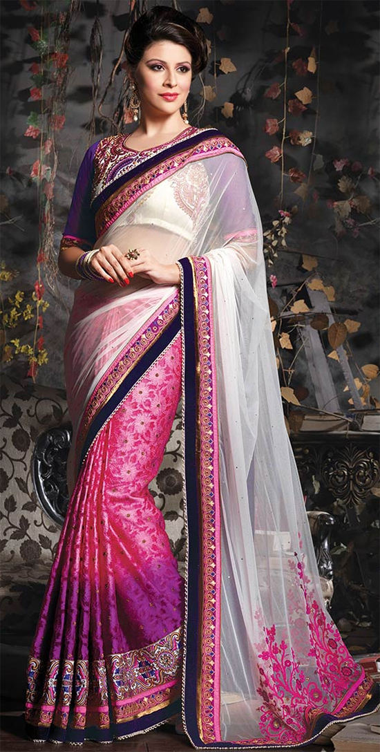 Desire Off White And Pink Net Jacquard Saree