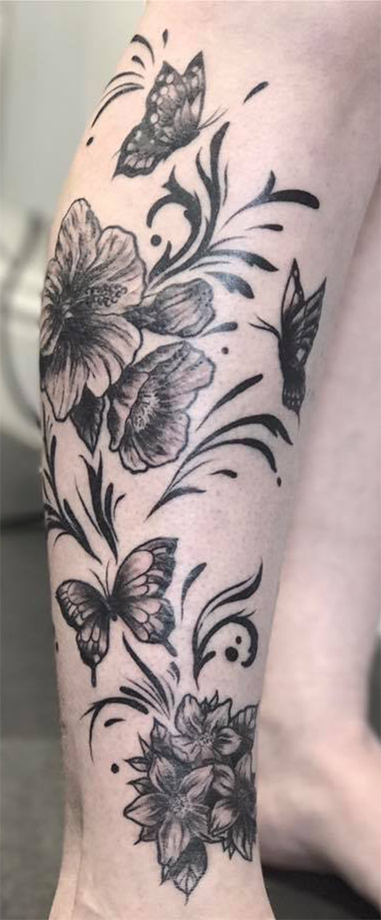 Elegant Flowers And Butterfly Tattoo