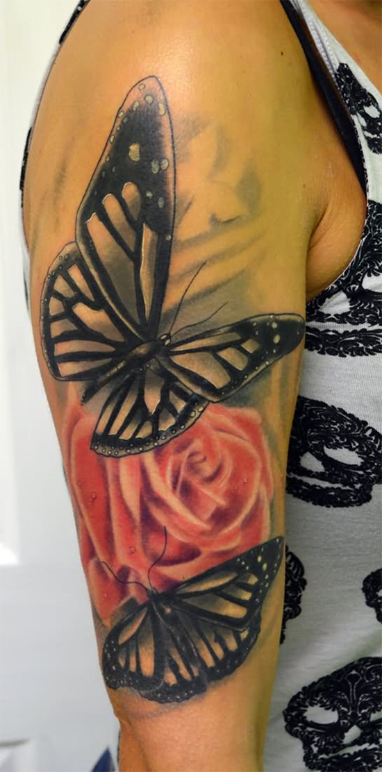 Elegant Rose Flower Butterfly Tattoo