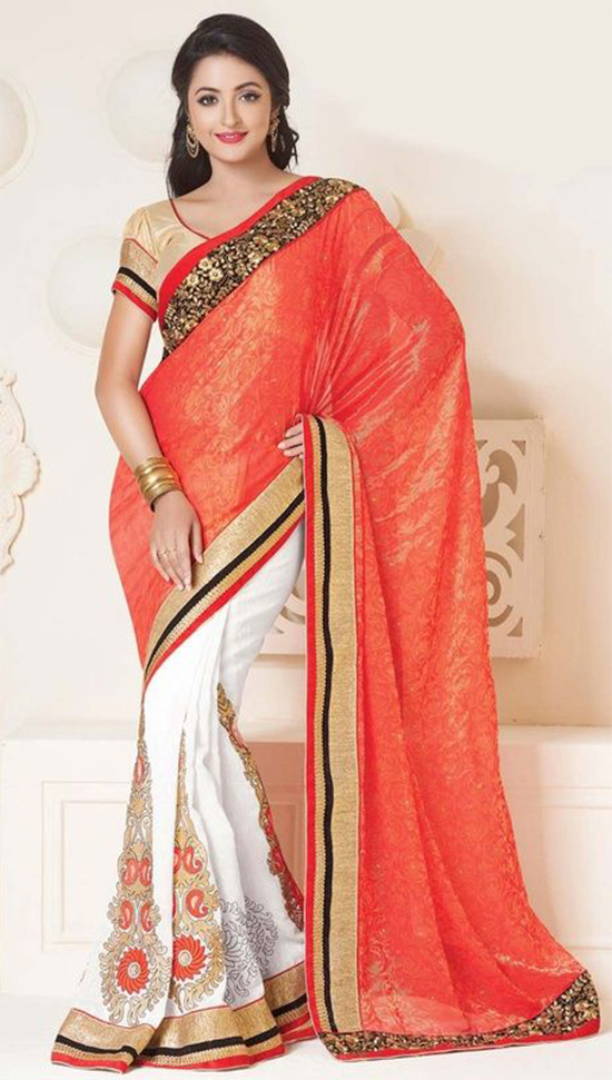 Ethnic Coral And Off White Embroidered Crepe Half And Half Saree With Puff Sleeves