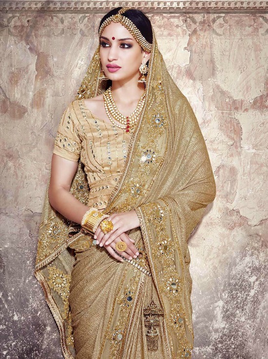 Fancy Fabric Golden Designer Saree With Crafted Work And Gota Blouse