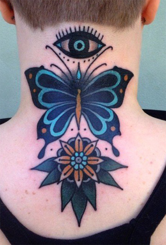 Flower Eye And Butterfly Neck Tattoo