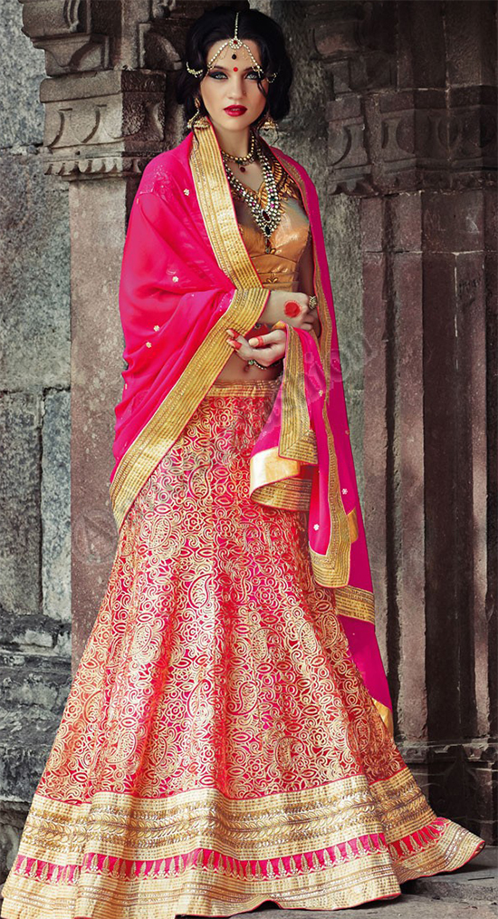 Gold And Pink Silk Lehenga Choli With Rose Dupatta Net Conception