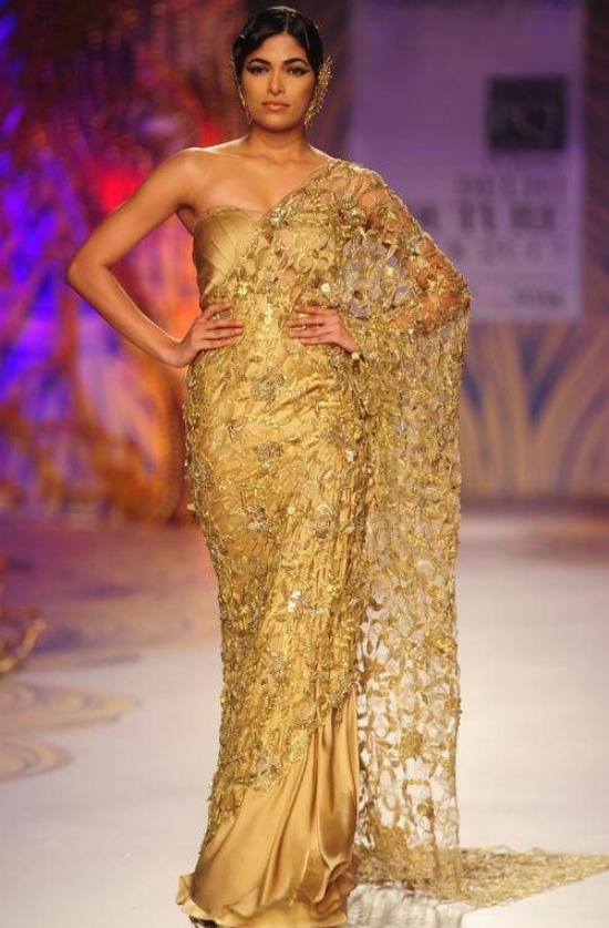 Gold Designer Saree With Corset Blouse