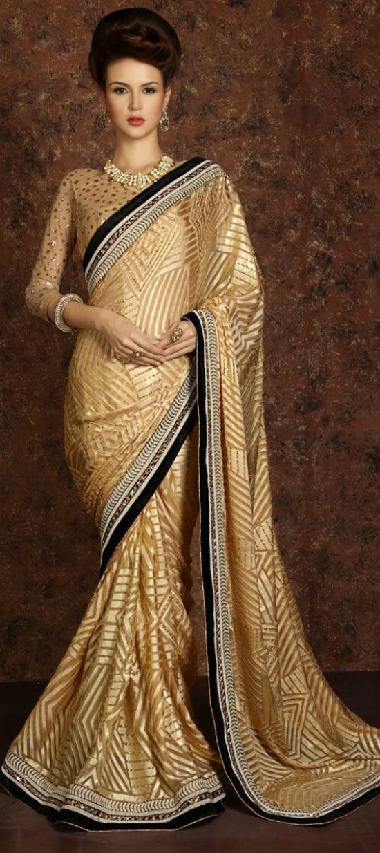 Gold Saree Black Border Paired With Full Sleeve Blouse