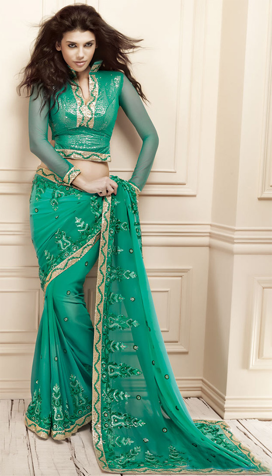 Green Color Saree With Full Net Sleeves V Shape Collar
