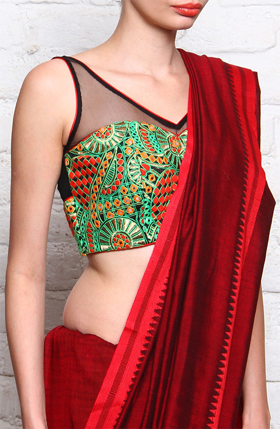 Green Padded Net & Cotton Blouse With Gujarati Embroidery